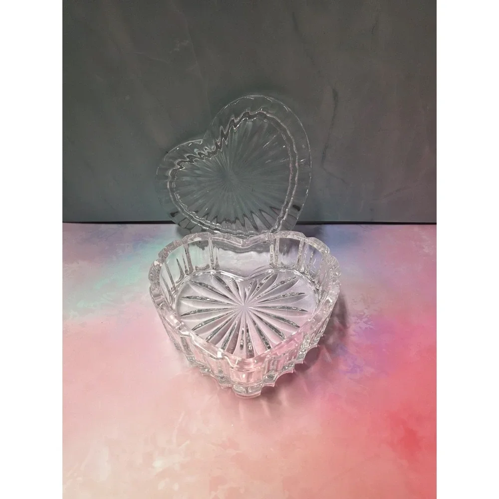 Crystal Glass Trinket Box Jewelry Decorative Jar Display Heart Shaped W/lid